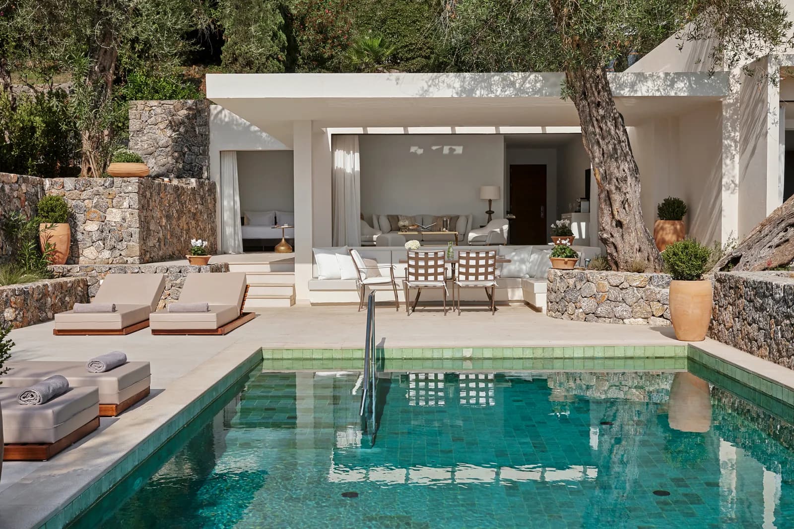 Villa mit Privatpool und Sonnenliegen unter Olivenbäumen
