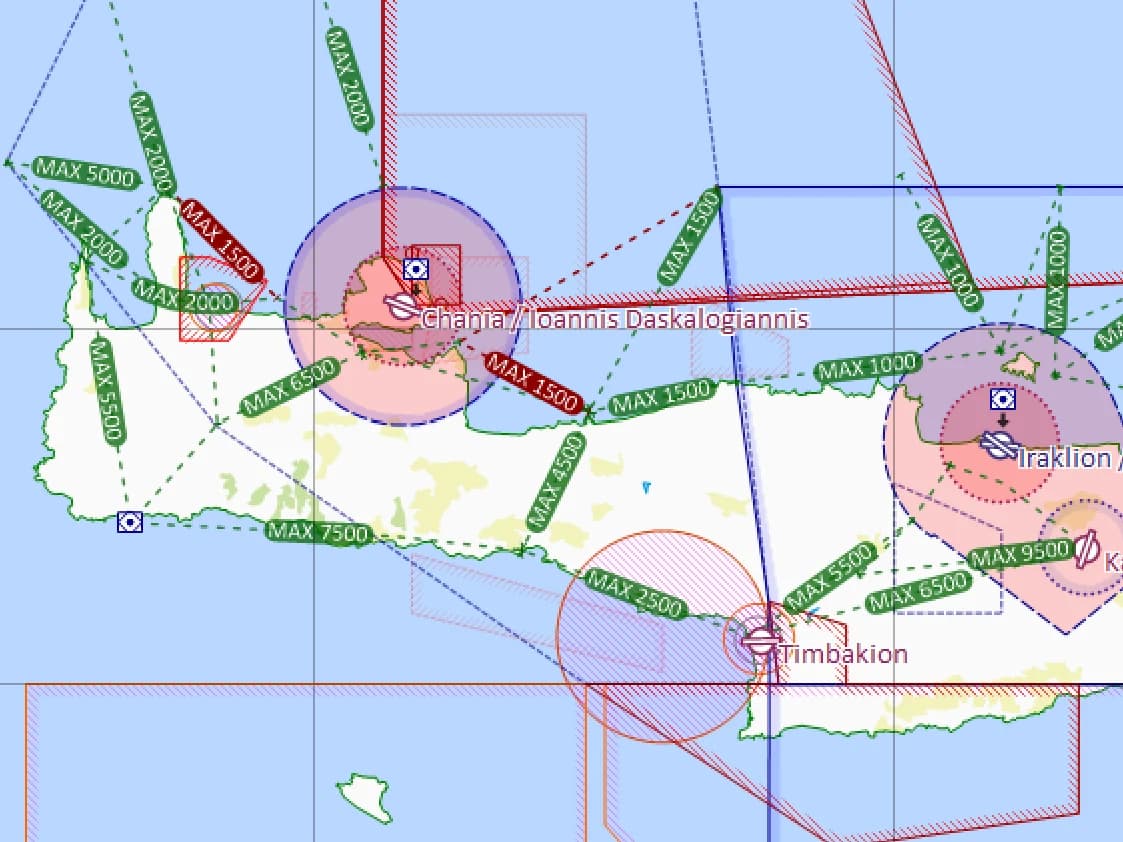 Luftraumkarte von Westkreta in SkyDemon mit den Flughäfen Chania und Iraklion